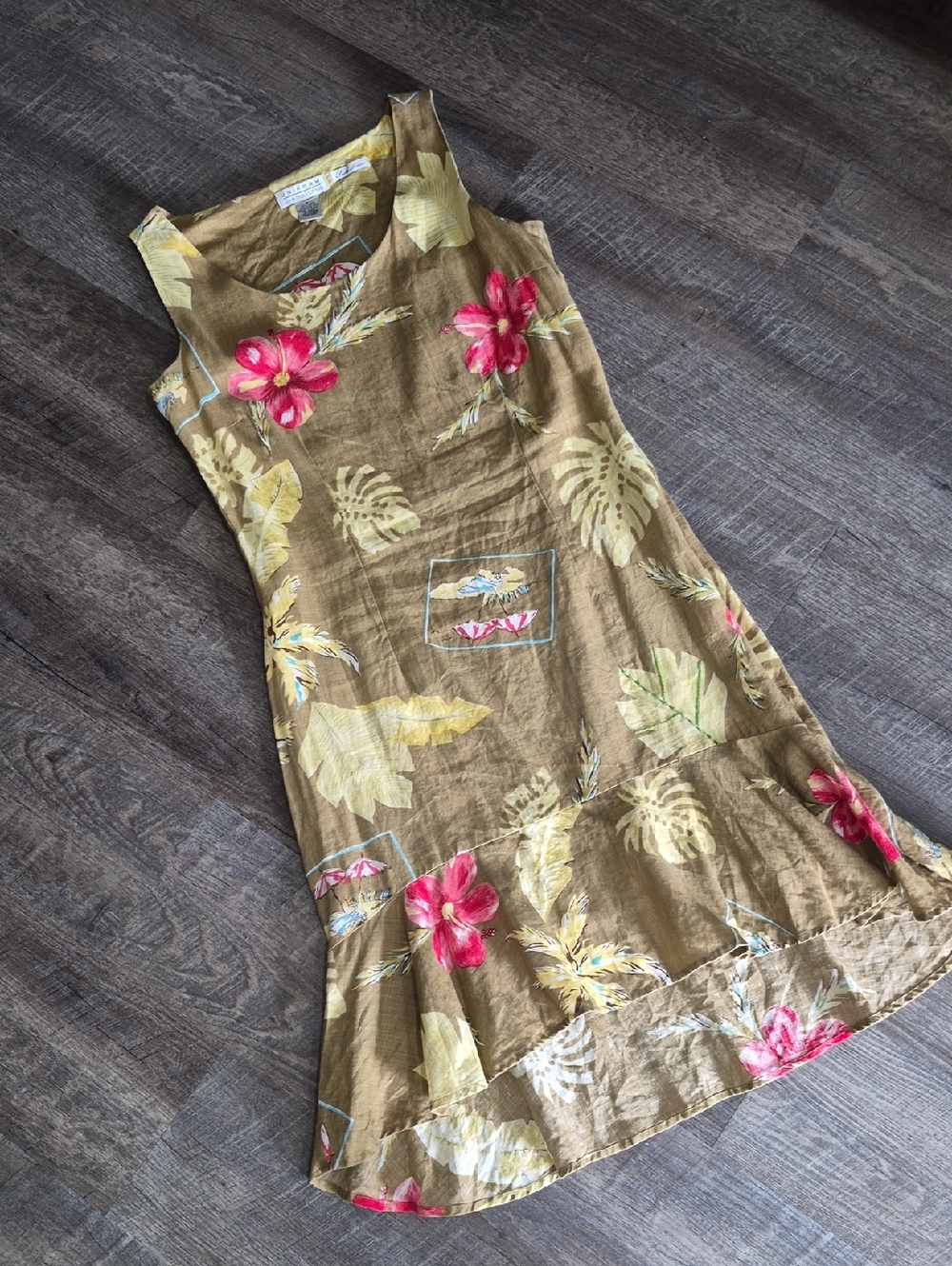 JohnPaulRichard Taupe 100% LINEN Dress with Pink and Yellow Floral Print